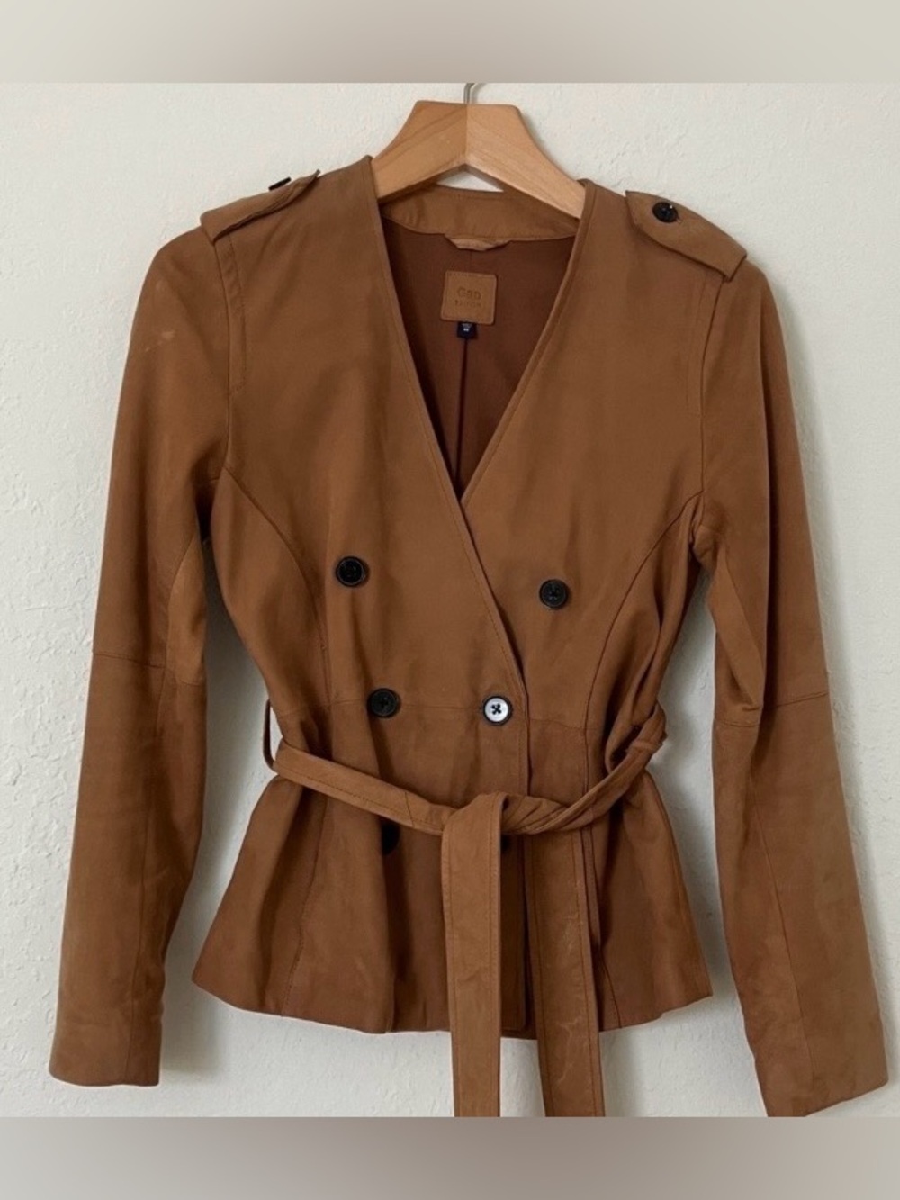 GAP Tan Double-Breasted Belted Leather Trench Jacket. Sz XS